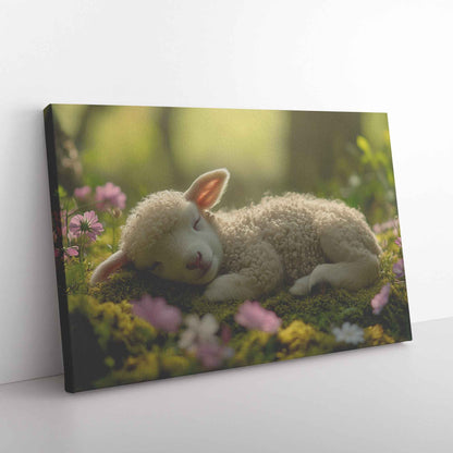 Serene Slumber Lamb Resting Amidst Blooming Garden   Christian Canvas Wall Art Decor
