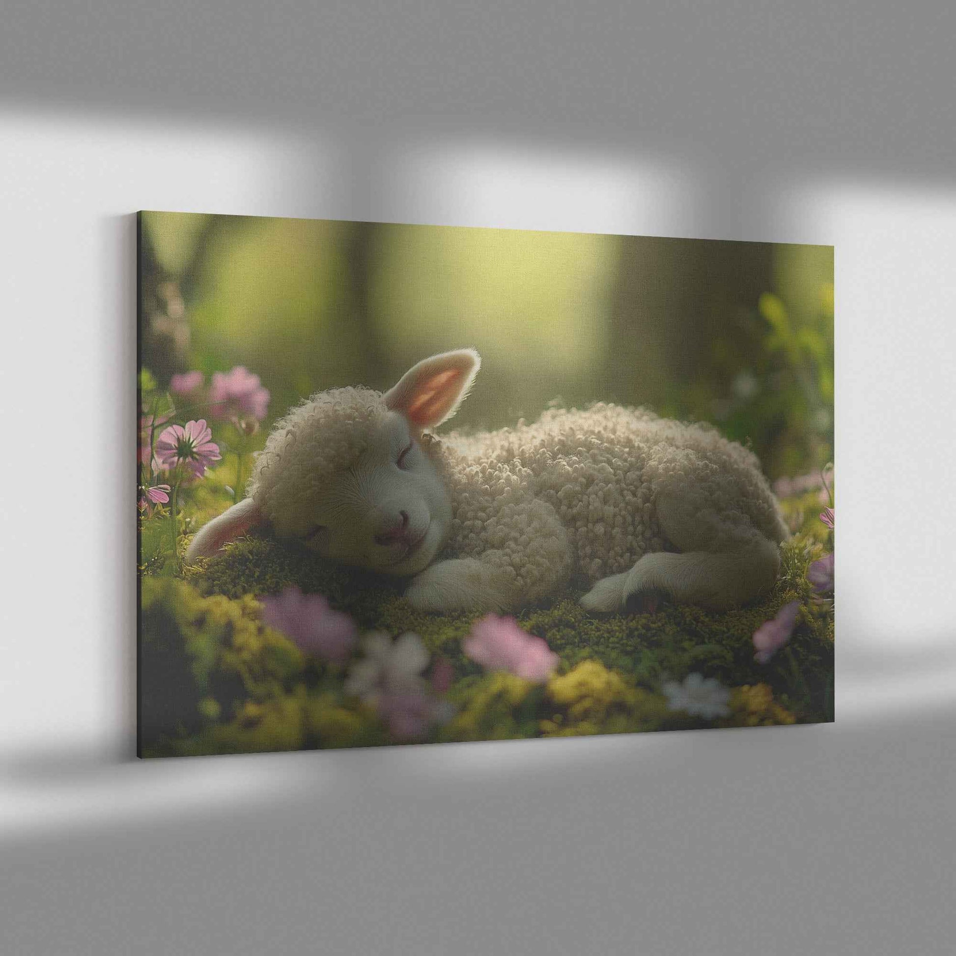 Serene Slumber Lamb Resting Amidst Blooming Garden   Christian Canvas Wall Art Decor