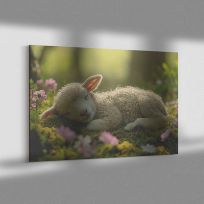 Serene Slumber Lamb Resting Amidst Blooming Garden   Christian Canvas Wall Art Decor