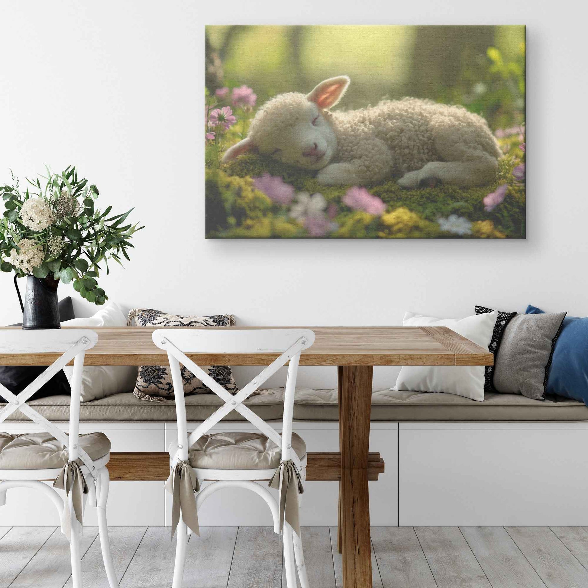 Serene Slumber Lamb Resting Amidst Blooming Garden   Christian Canvas Wall Art Decor