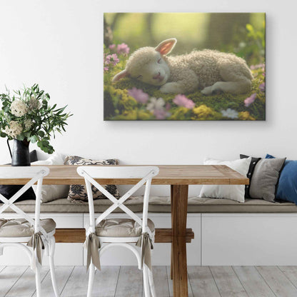 Serene Slumber Lamb Resting Amidst Blooming Garden   Christian Canvas Wall Art Decor