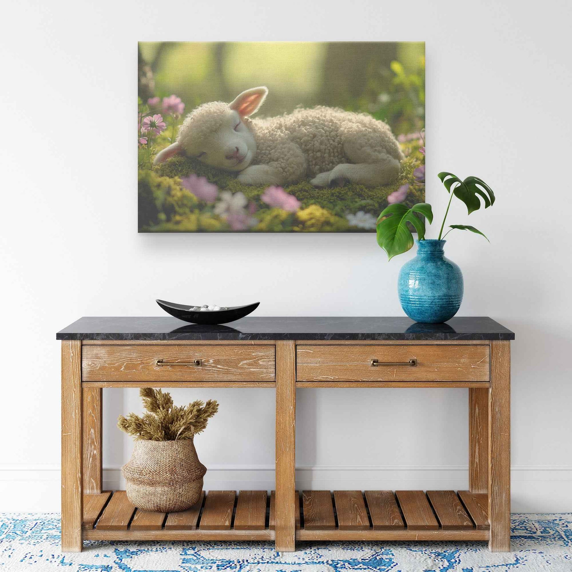 Serene Slumber Lamb Resting Amidst Blooming Garden   Christian Canvas Wall Art Decor