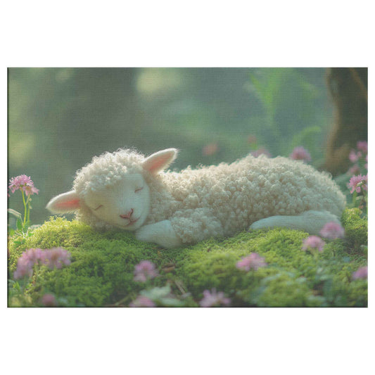 Serene Slumber of the Adorable Lamb A Peaceful Moment in Nature   Christian Canvas Wall Art Decor
