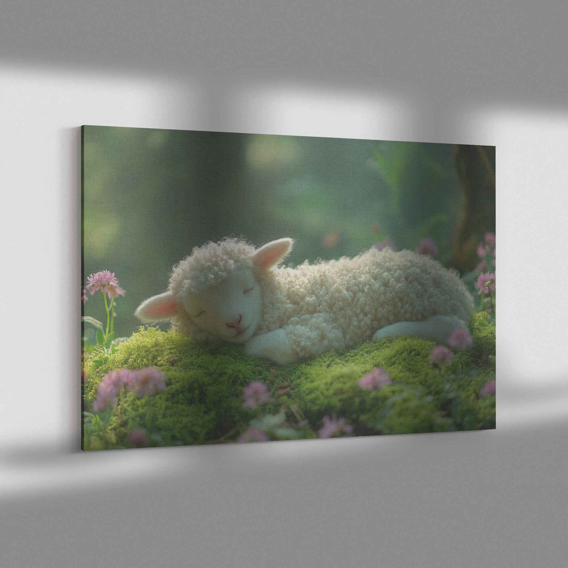 Serene Slumber of the Adorable Lamb A Peaceful Moment in Nature   Christian Canvas Wall Art Decor