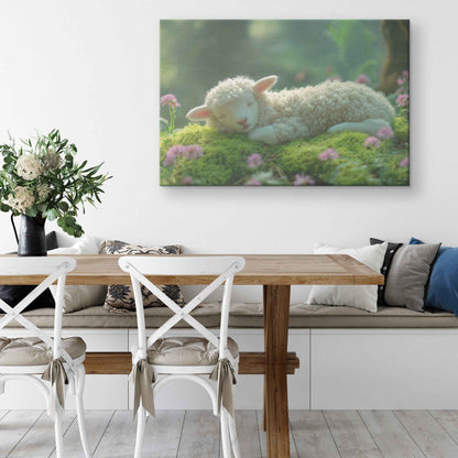 Serene Slumber of the Adorable Lamb A Peaceful Moment in Nature   Christian Canvas Wall Art Decor