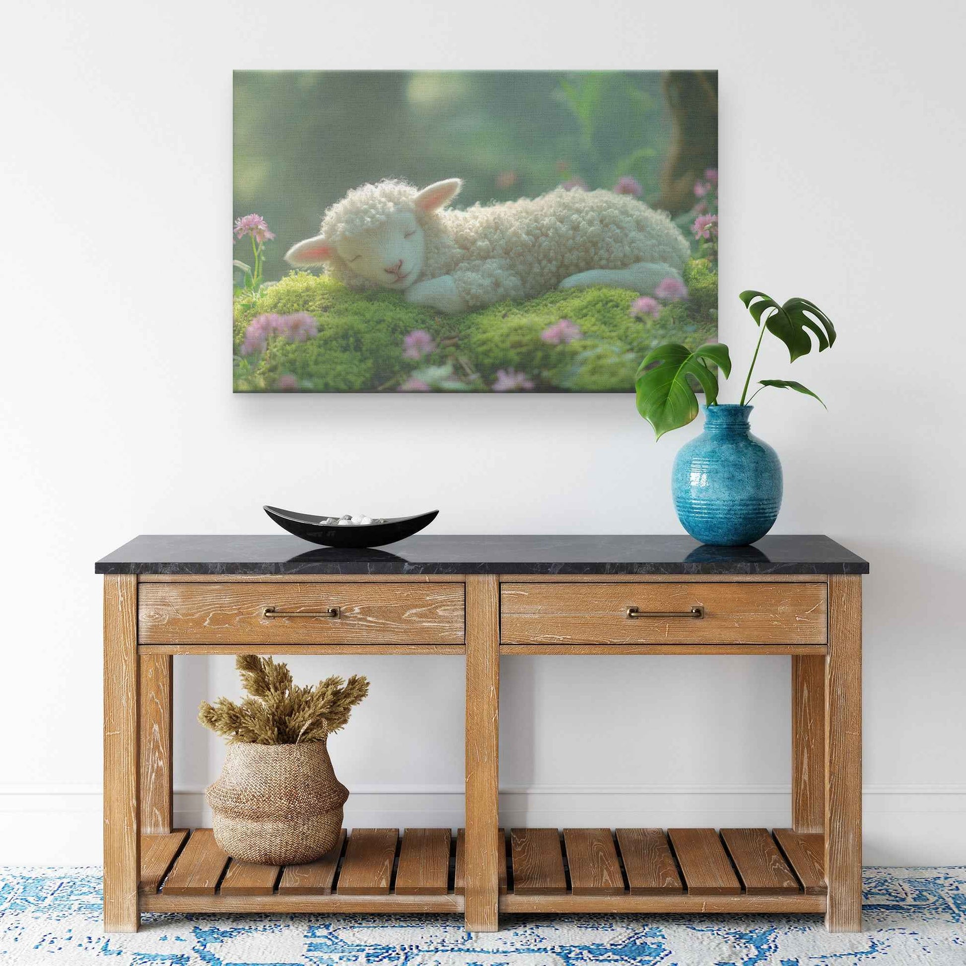 Serene Slumber of the Adorable Lamb A Peaceful Moment in Nature   Christian Canvas Wall Art Decor