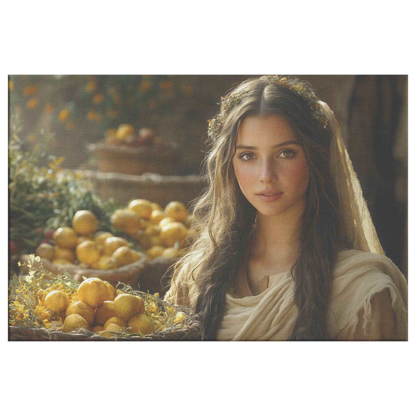Serene Woman in Ancient Marketplace with Lemons and Flowers   Christian Canvas Wall Art Decor
