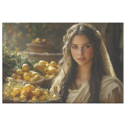 Serene Woman in Ancient Marketplace with Lemons and Flowers   Christian Canvas Wall Art Decor