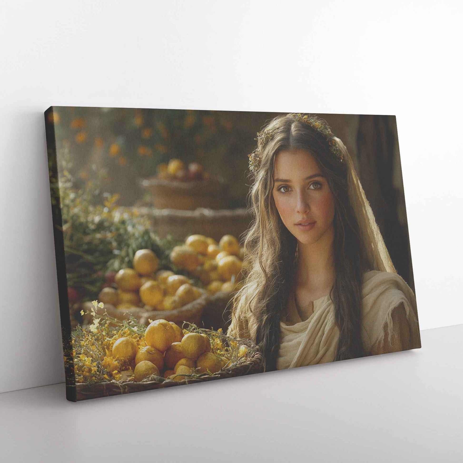 Serene Woman in Ancient Marketplace with Lemons and Flowers   Christian Canvas Wall Art Decor
