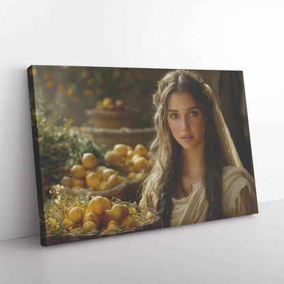 Serene Woman in Ancient Marketplace with Lemons and Flowers   Christian Canvas Wall Art Decor