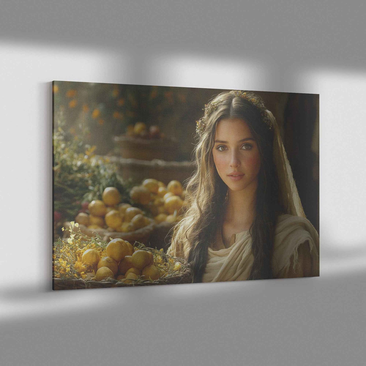 Serene Woman in Ancient Marketplace with Lemons and Flowers   Christian Canvas Wall Art Decor