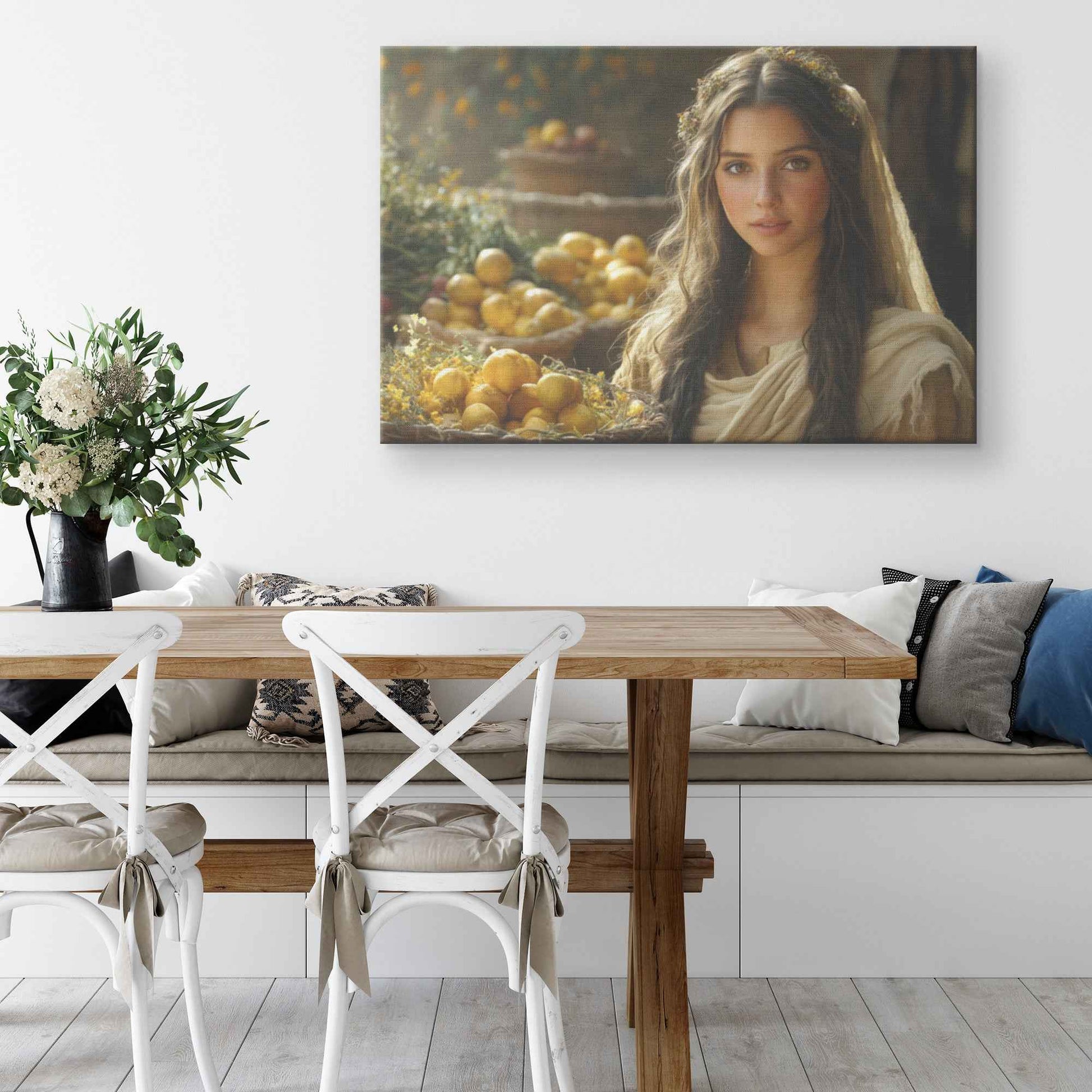 Serene Woman in Ancient Marketplace with Lemons and Flowers   Christian Canvas Wall Art Decor