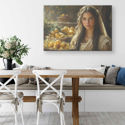 Serene Woman in Ancient Marketplace with Lemons and Flowers   Christian Canvas Wall Art Decor