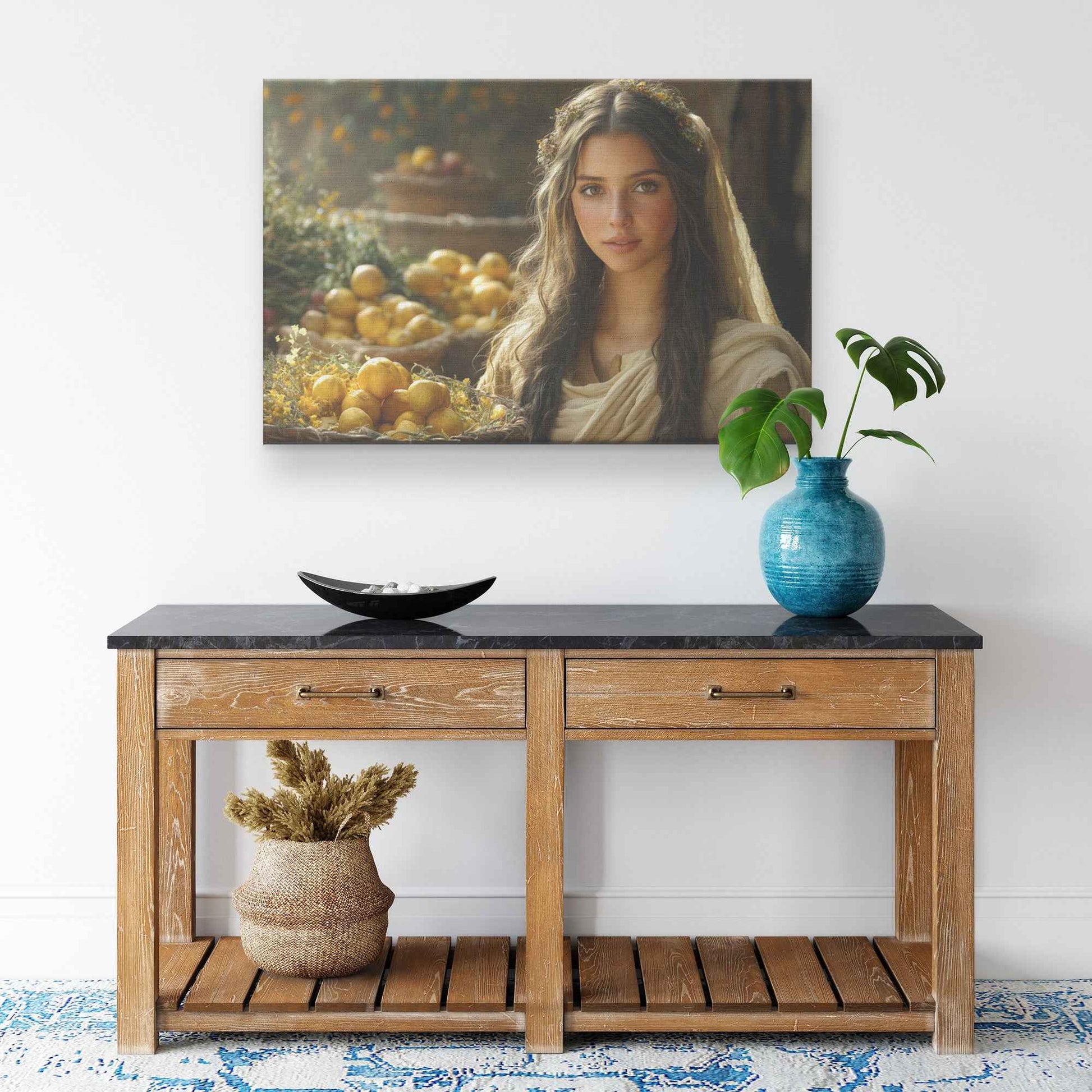 Serene Woman in Ancient Marketplace with Lemons and Flowers   Christian Canvas Wall Art Decor