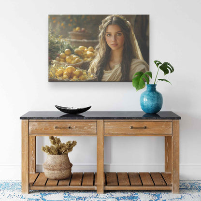 Serene Woman in Ancient Marketplace with Lemons and Flowers   Christian Canvas Wall Art Decor