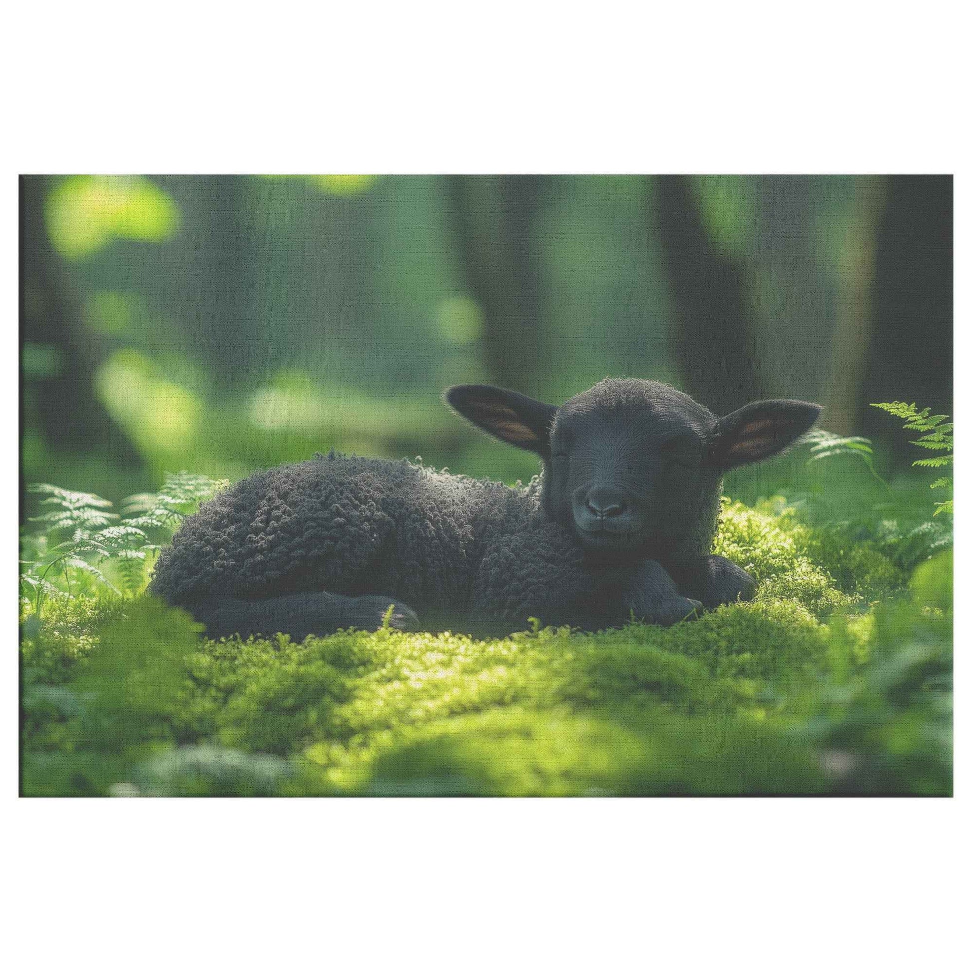 Serenity in Nature Black Lamb Resting Amongst Moss and Sunlight   Christian Canvas Wall Art Decor