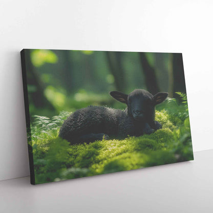 Serenity in Nature Black Lamb Resting Amongst Moss and Sunlight   Christian Canvas Wall Art Decor
