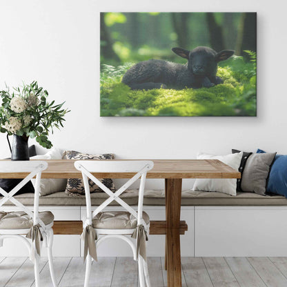 Serenity in Nature Black Lamb Resting Amongst Moss and Sunlight   Christian Canvas Wall Art Decor