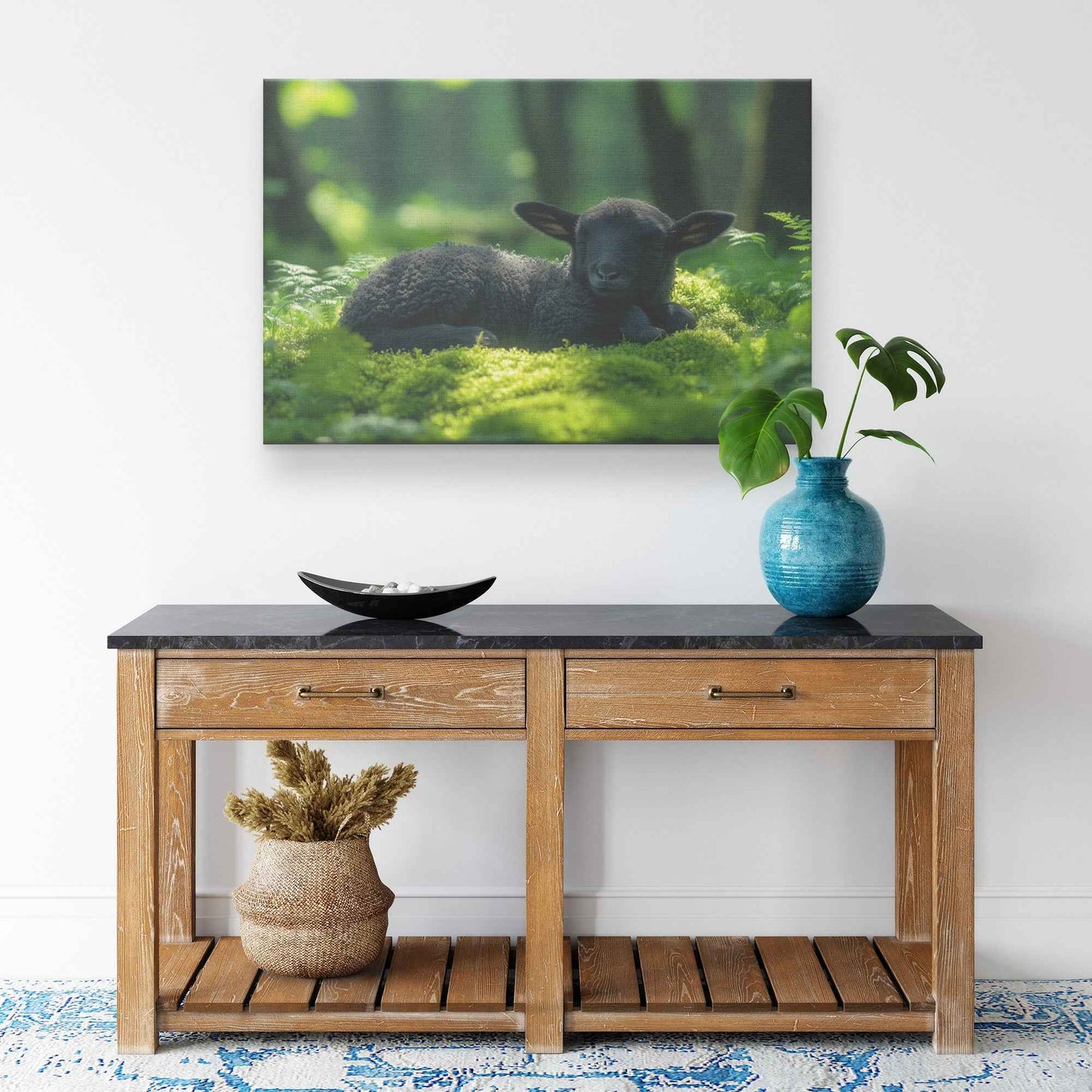 Serenity in Nature Black Lamb Resting Amongst Moss and Sunlight   Christian Canvas Wall Art Decor