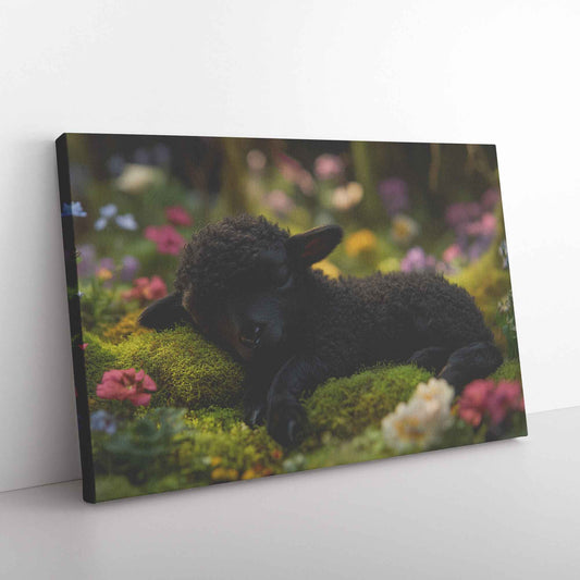 Serenity in Nature Black Lamb Resting in an Enchanted Garden   Christian Canvas Wall Art Decor