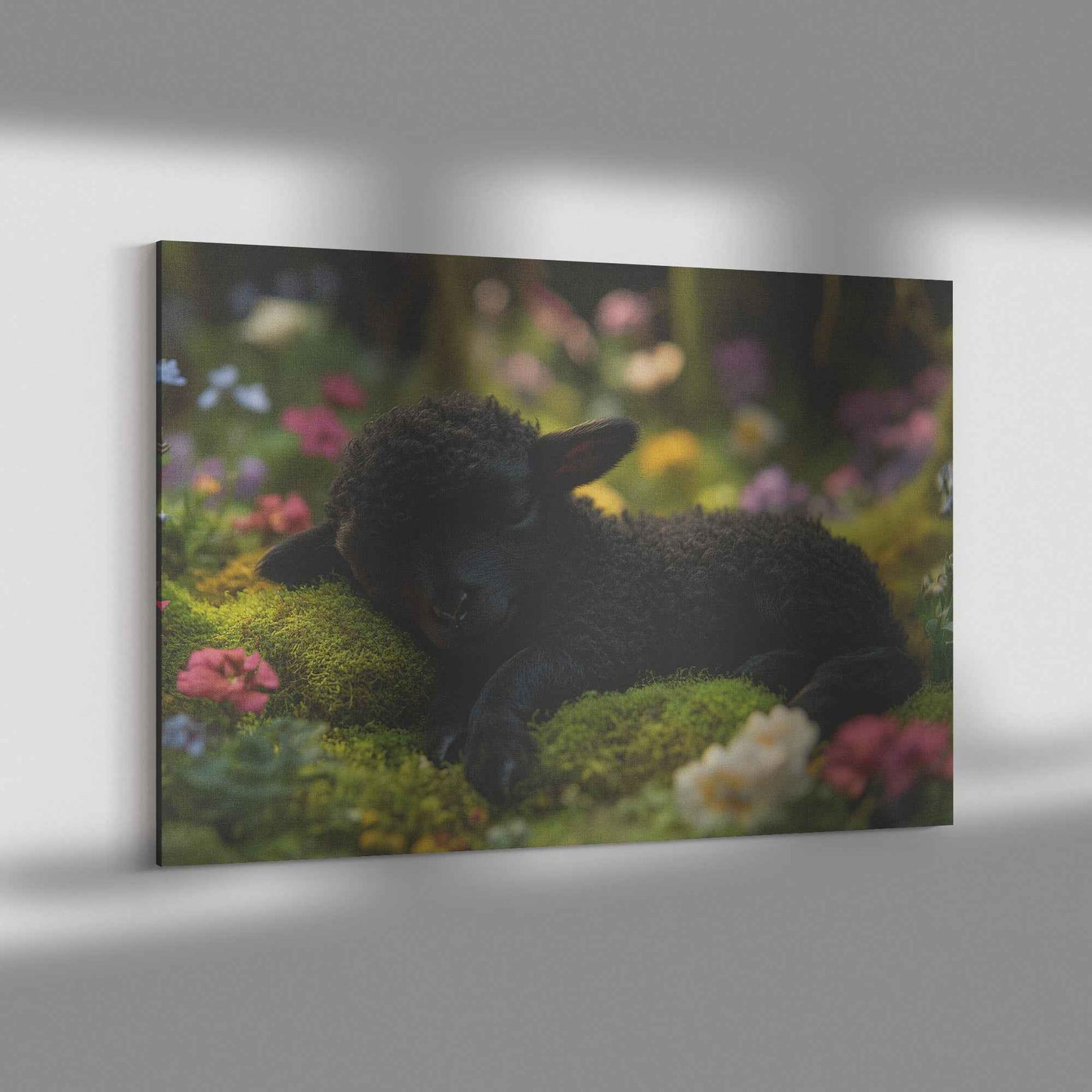 Serenity in Nature Black Lamb Resting in an Enchanted Garden   Christian Canvas Wall Art Decor
