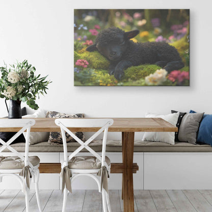 Serenity in Nature Black Lamb Resting in an Enchanted Garden   Christian Canvas Wall Art Decor