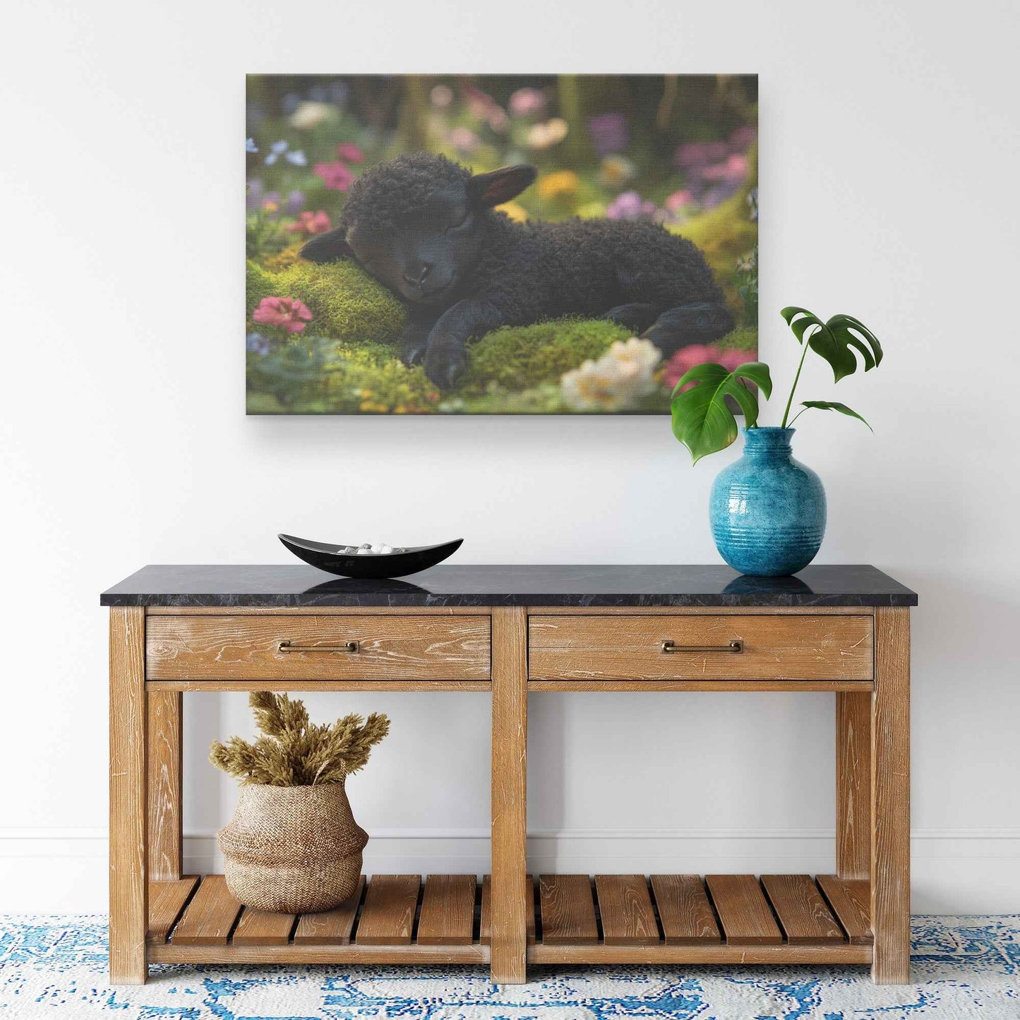 Serenity in Nature Black Lamb Resting in an Enchanted Garden   Christian Canvas Wall Art Decor