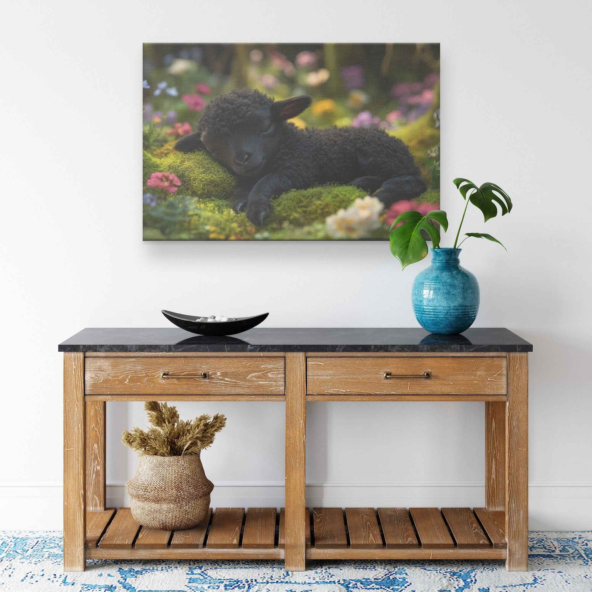 Serenity in Nature Black Lamb Resting in an Enchanted Garden   Christian Canvas Wall Art Decor