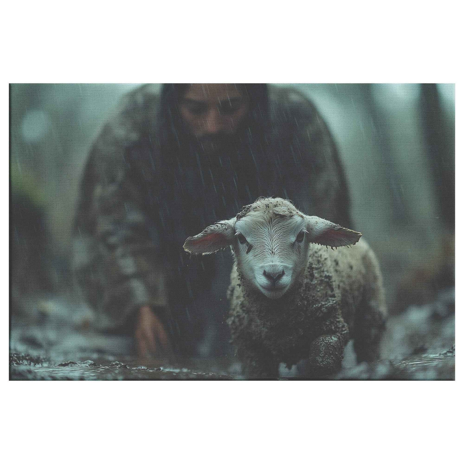 Shepherd of Hope Jesus Leading the Fearful Sheep Through the Rain and Fog   Christian Canvas Wall Art Decor