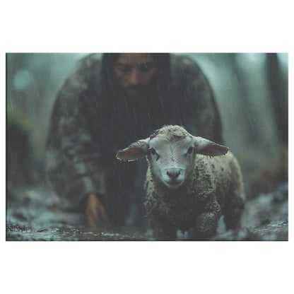 Shepherd of Hope Jesus Leading the Fearful Sheep Through the Rain and Fog   Christian Canvas Wall Art Decor