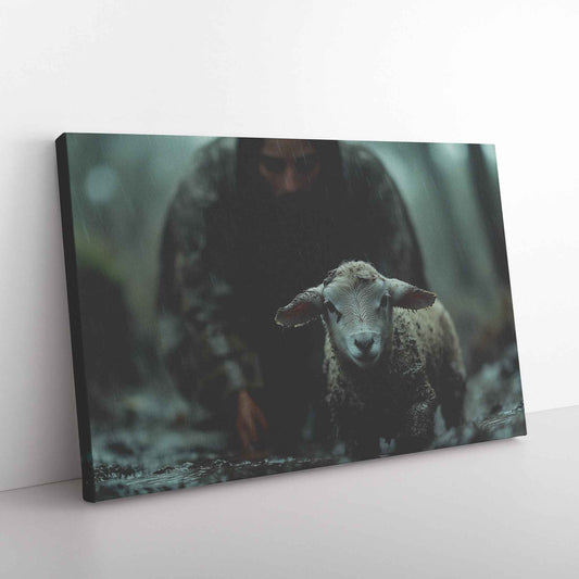 Shepherd of Hope Jesus Leading the Fearful Sheep Through the Rain and Fog   Christian Canvas Wall Art Decor