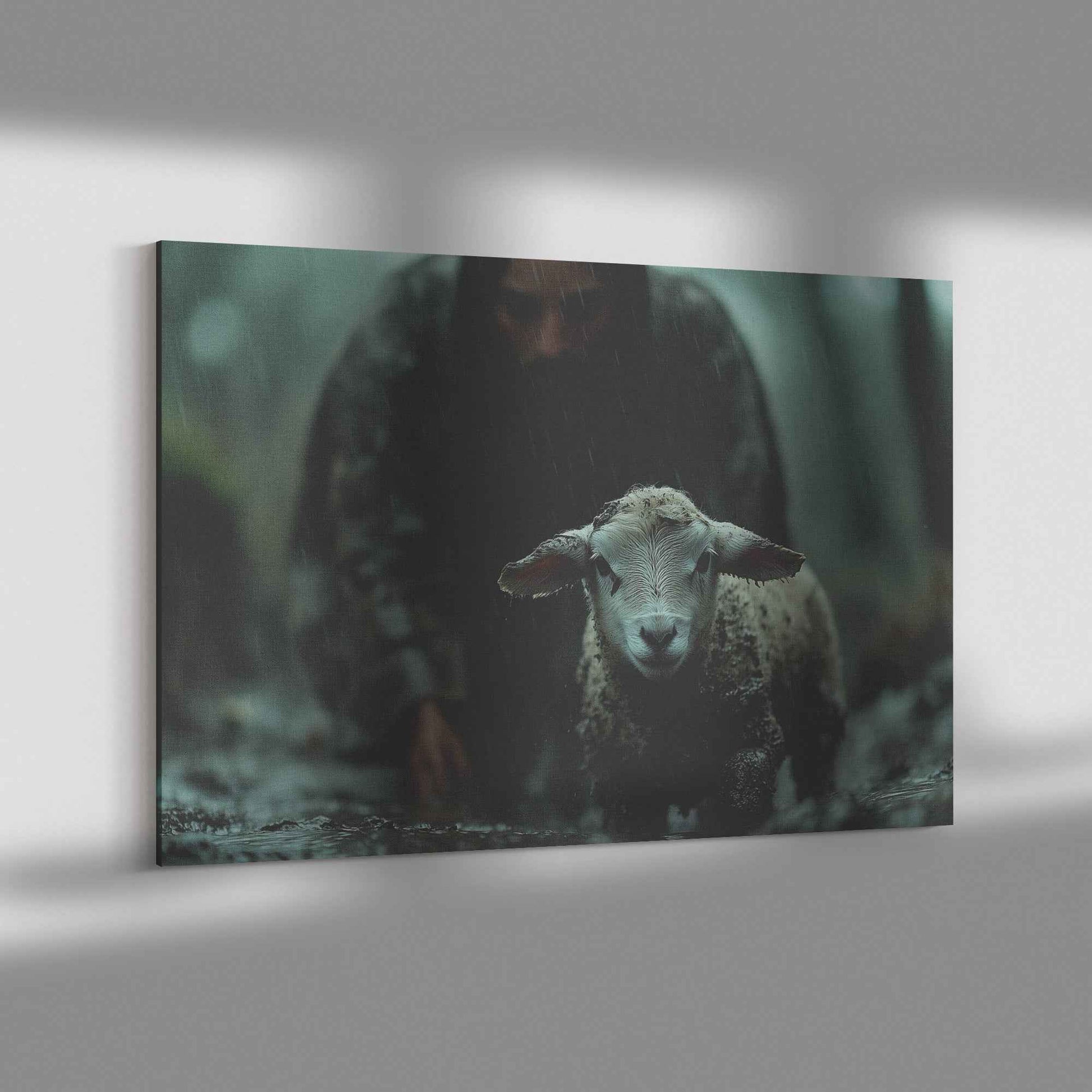 Shepherd of Hope Jesus Leading the Fearful Sheep Through the Rain and Fog   Christian Canvas Wall Art Decor