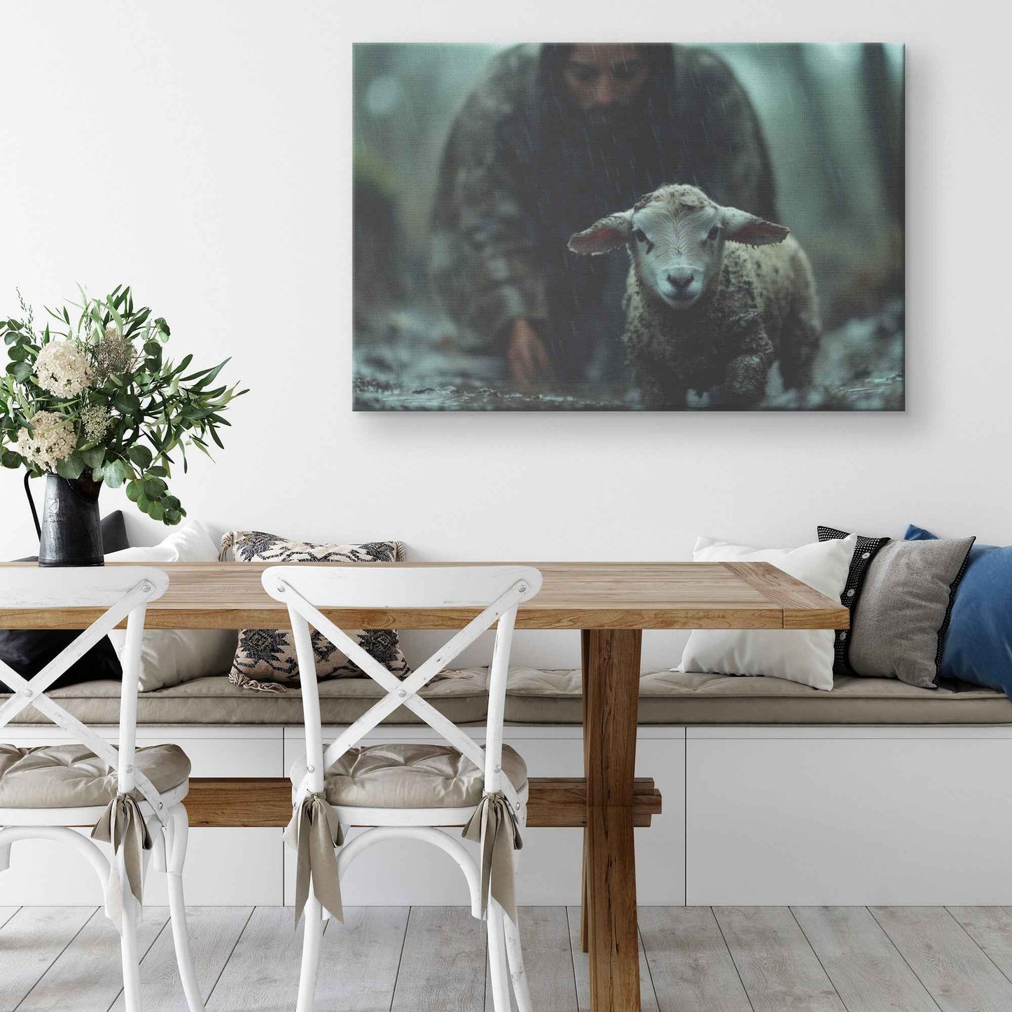 Shepherd of Hope Jesus Leading the Fearful Sheep Through the Rain and Fog   Christian Canvas Wall Art Decor