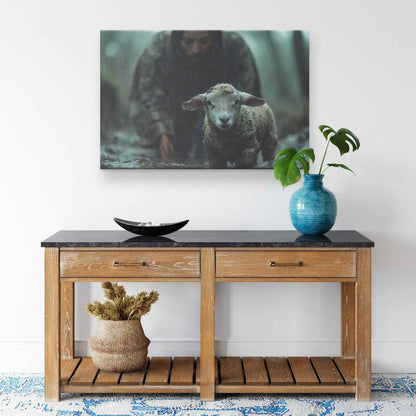 Shepherd of Hope Jesus Leading the Fearful Sheep Through the Rain and Fog   Christian Canvas Wall Art Decor