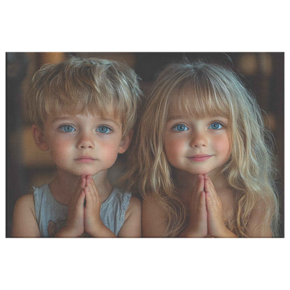Sibling Devotion Young Brother and Sister in Prayer with Soft Lighting   Heartwarming Christian Canvas Wall Art Decor