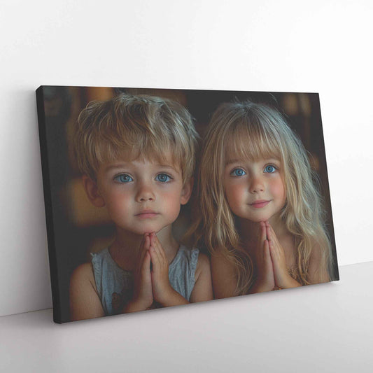 Sibling Devotion Young Brother and Sister in Prayer with Soft Lighting   Heartwarming Christian Canvas Wall Art Decor