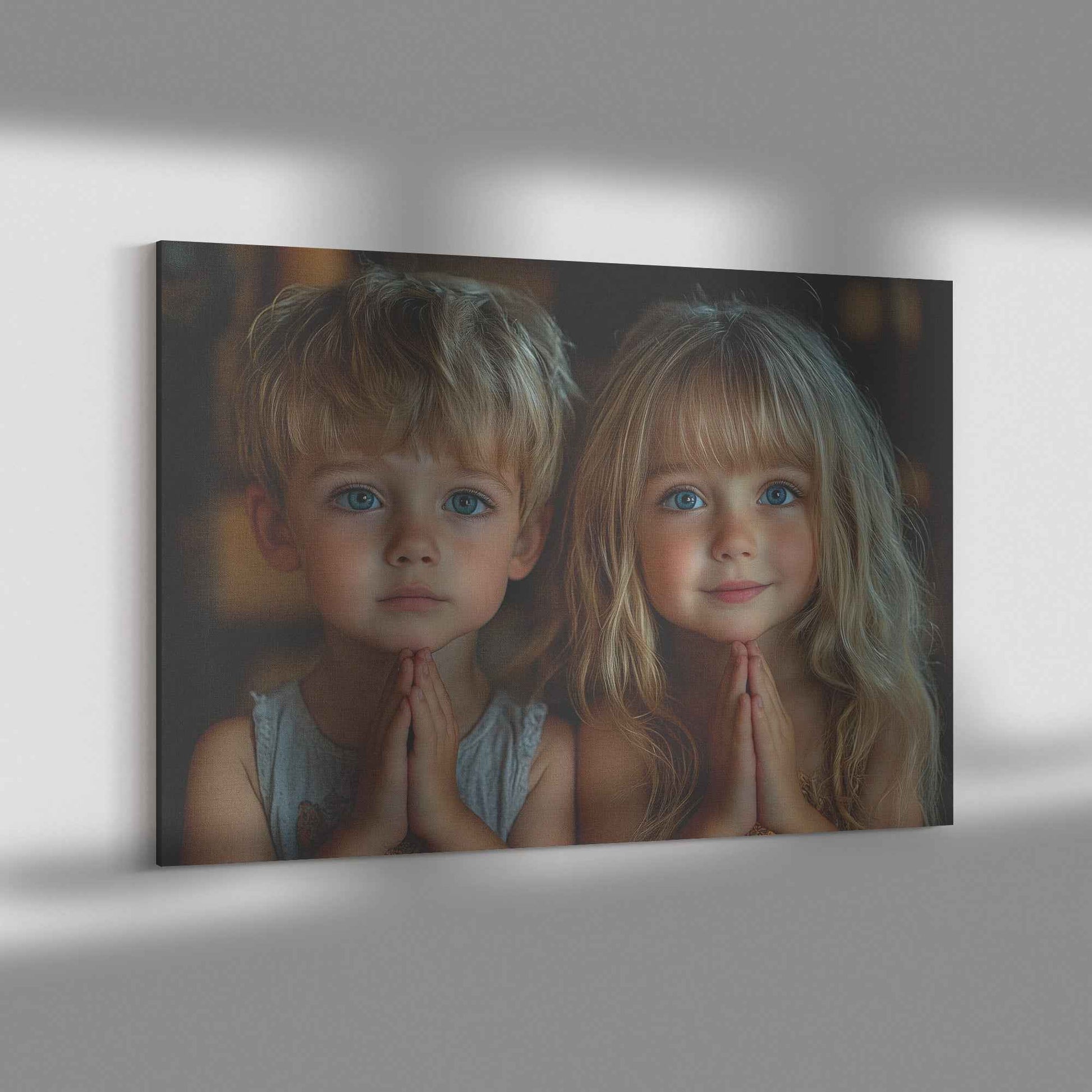 Sibling Devotion Young Brother and Sister in Prayer with Soft Lighting   Heartwarming Christian Canvas Wall Art Decor