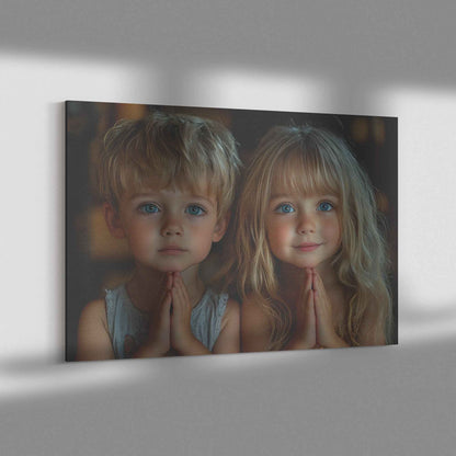 Sibling Devotion Young Brother and Sister in Prayer with Soft Lighting   Heartwarming Christian Canvas Wall Art Decor