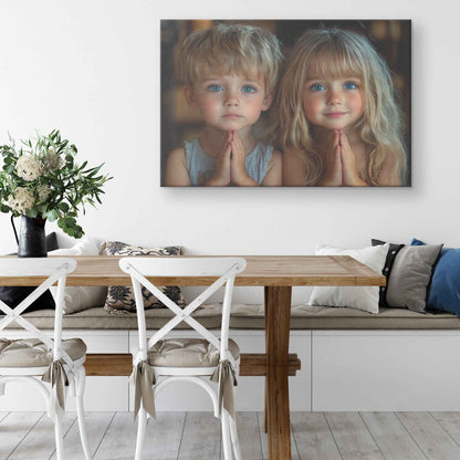 Sibling Devotion Young Brother and Sister in Prayer with Soft Lighting   Heartwarming Christian Canvas Wall Art Decor