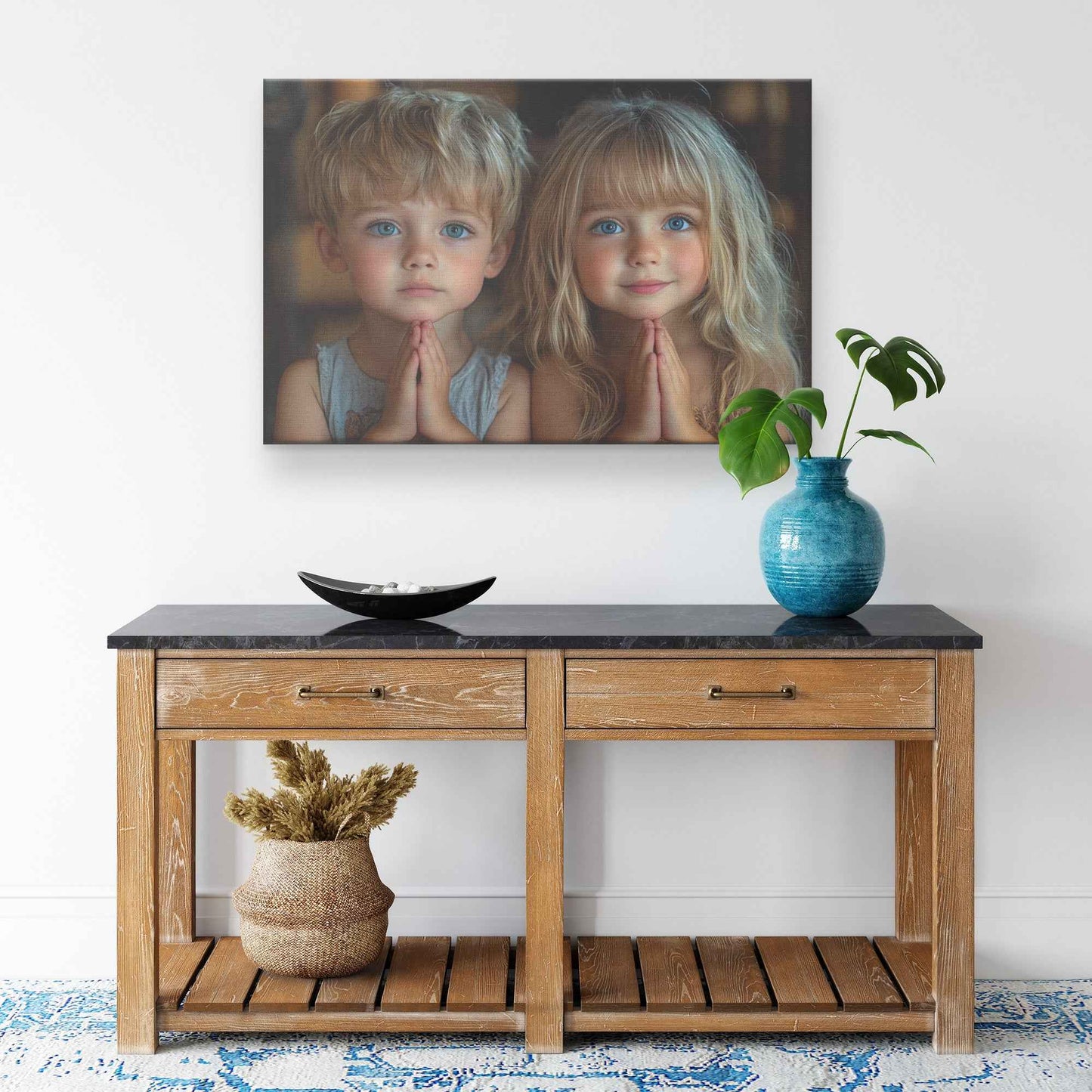 Sibling Devotion Young Brother and Sister in Prayer with Soft Lighting   Heartwarming Christian Canvas Wall Art Decor