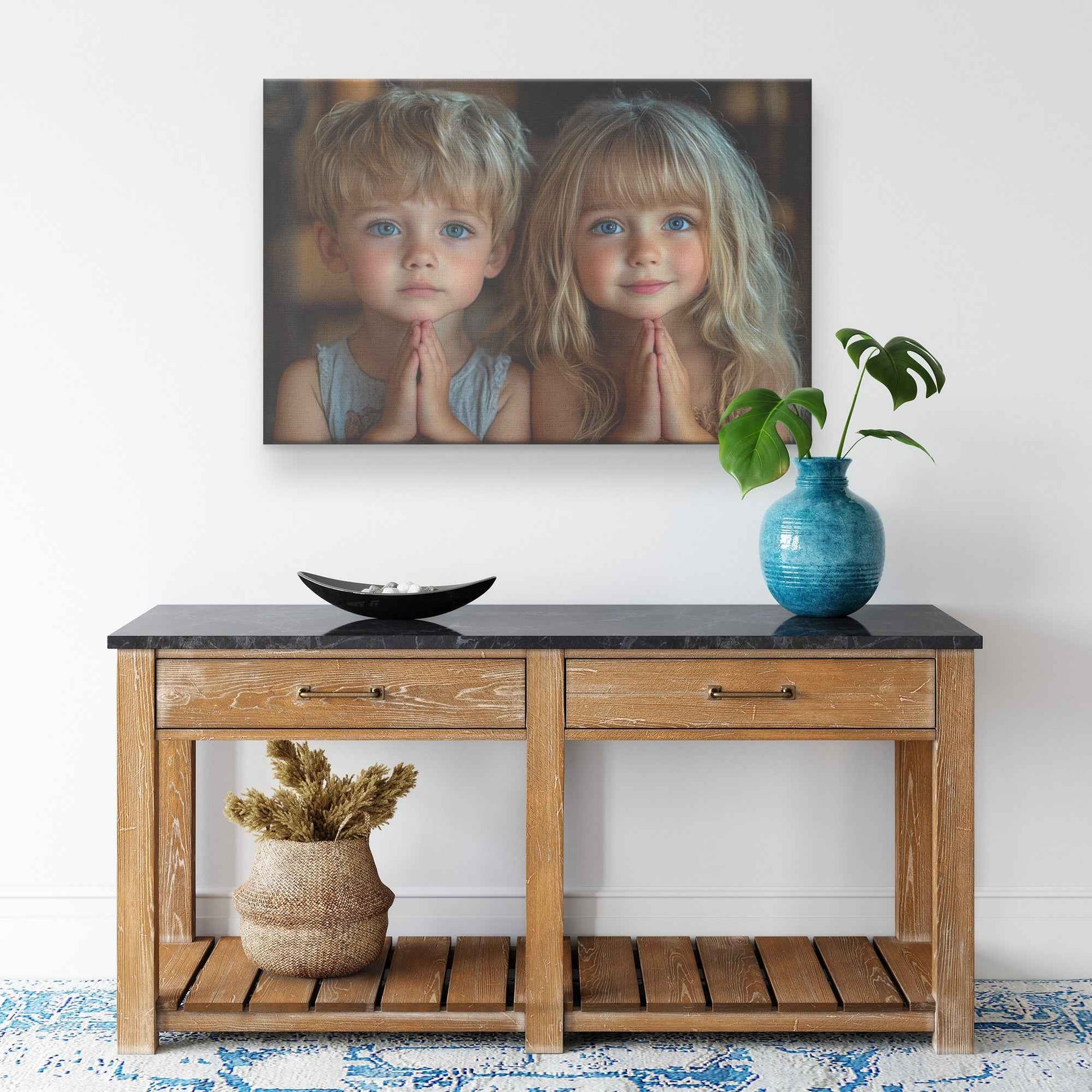 Sibling Devotion Young Brother and Sister in Prayer with Soft Lighting   Heartwarming Christian Canvas Wall Art Decor
