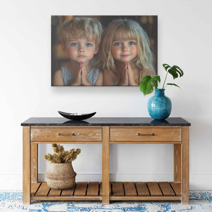 Sibling Devotion Young Brother and Sister in Prayer with Soft Lighting   Heartwarming Christian Canvas Wall Art Decor