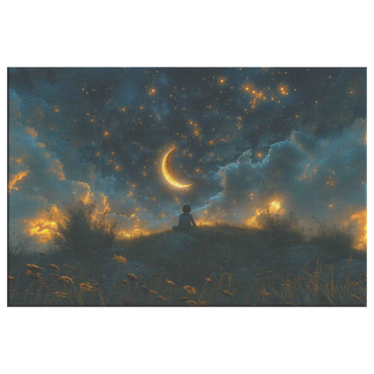 Starry Dreams Young Boy in Awe Under Enchanting Night Sky  Awakening Wonder Canvas Wall Art Decor