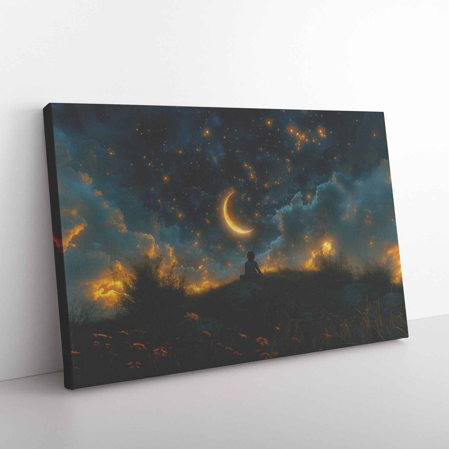 Starry Dreams Young Boy in Awe Under Enchanting Night Sky  Awakening Wonder Canvas Wall Art Decor