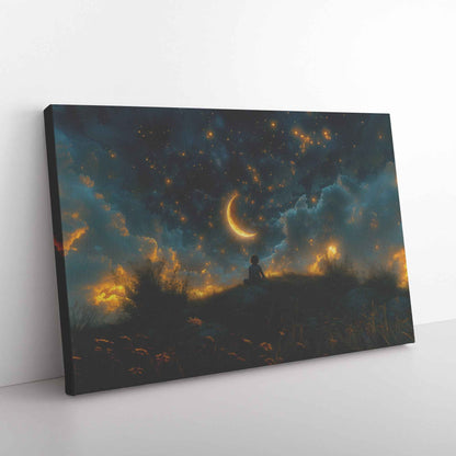 Starry Dreams Young Boy in Awe Under Enchanting Night Sky  Awakening Wonder Canvas Wall Art Decor