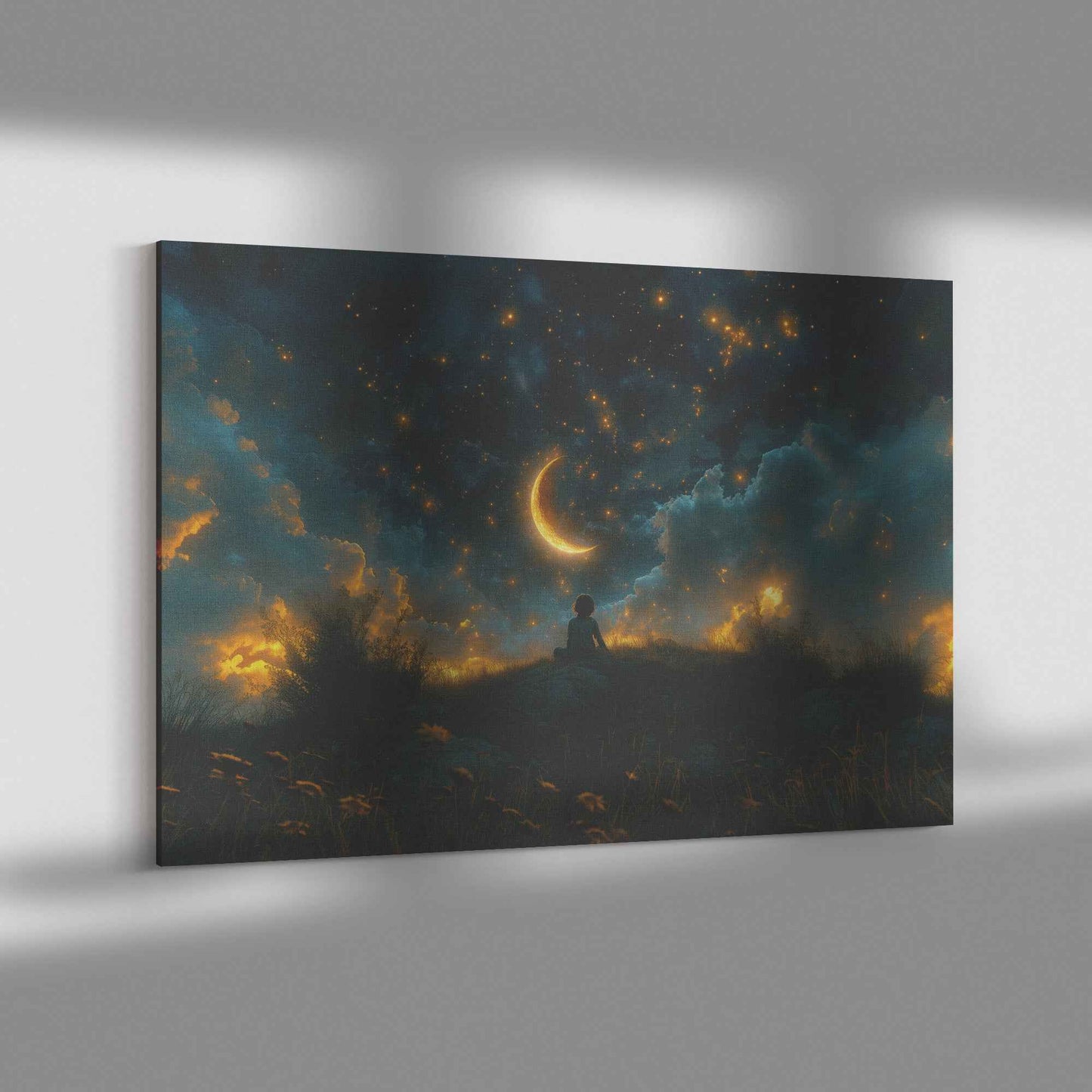 Starry Dreams Young Boy in Awe Under Enchanting Night Sky  Awakening Wonder Canvas Wall Art Decor