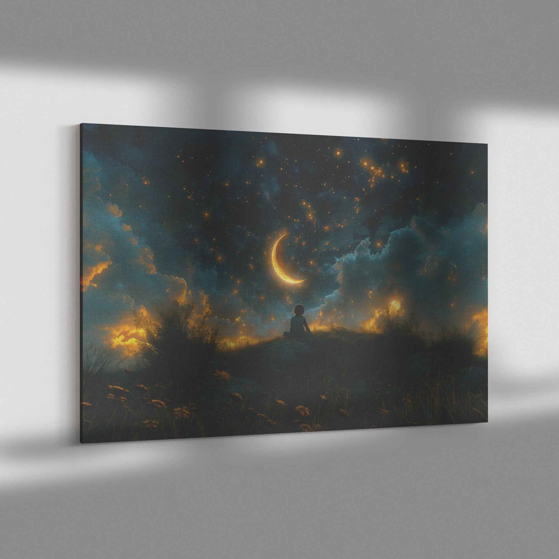 Starry Dreams Young Boy in Awe Under Enchanting Night Sky  Awakening Wonder Canvas Wall Art Decor