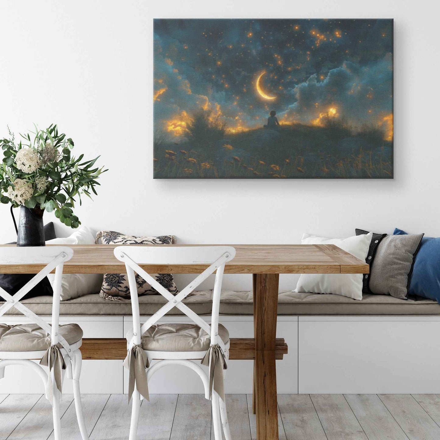 Starry Dreams Young Boy in Awe Under Enchanting Night Sky  Awakening Wonder Canvas Wall Art Decor