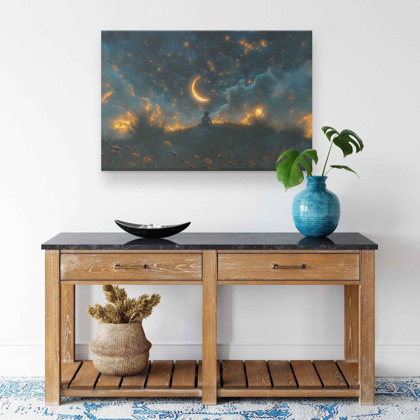 Starry Dreams Young Boy in Awe Under Enchanting Night Sky  Awakening Wonder Canvas Wall Art Decor