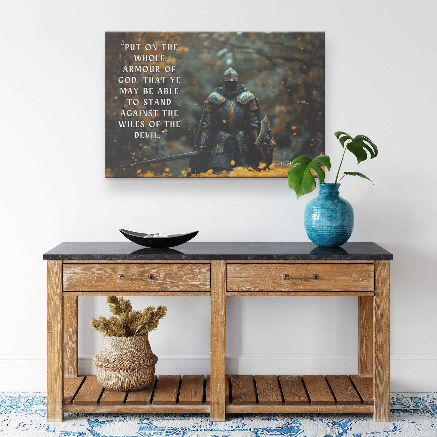Strength in Faith Knight with the Whole Armor of God   Ephesians 611 Christian Canvas Wall Art Decor